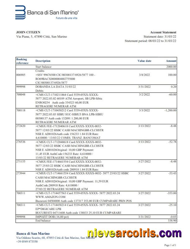 San Marino Banca di San Marino bank statement xls